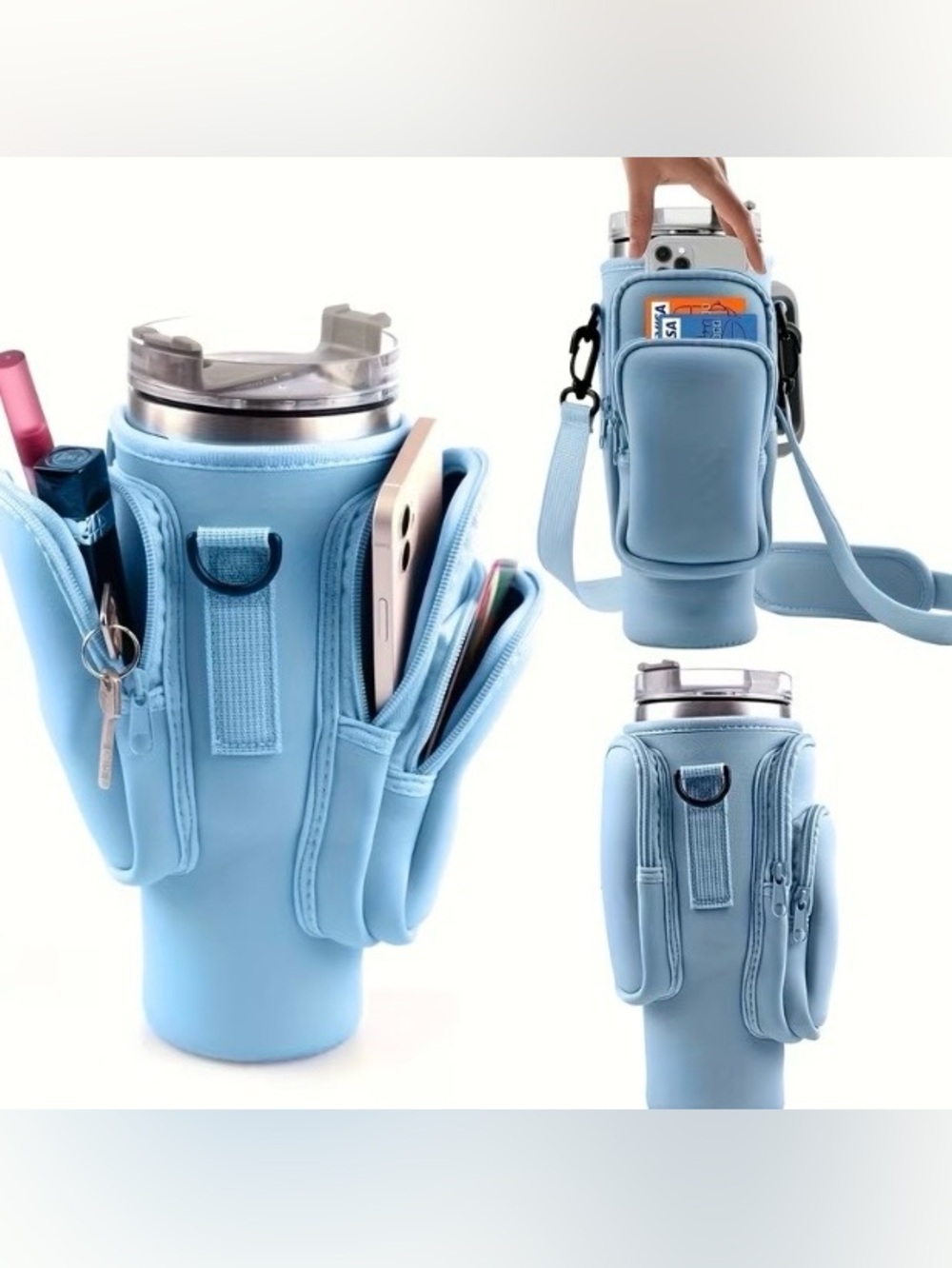 Water Bottle Carrier with Crossbody Strap and Zippered Pockets - Picture 2 of 10
